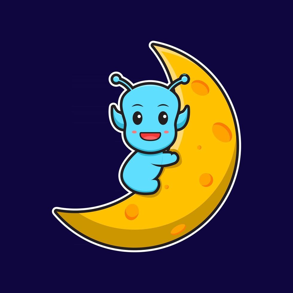 Cute alien sit on the moon cartoon vector icon illustration