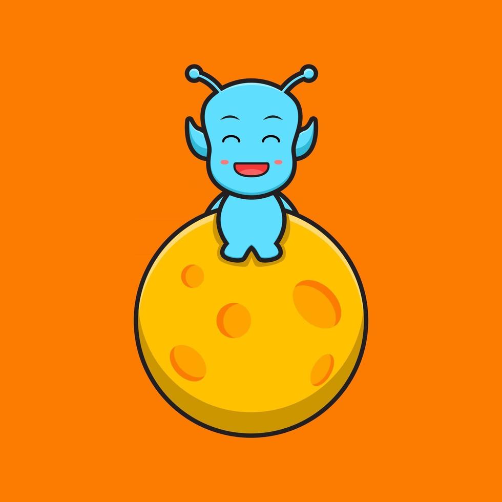 Cute alien sit on the moon cartoon vector icon illustration