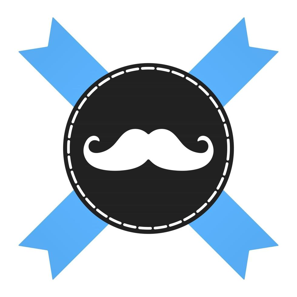 Prostate cancer awareness symbol information. Men support badge label with blue ribbon, mustaches and badge pin flat style design vector illustration isolated on white background.