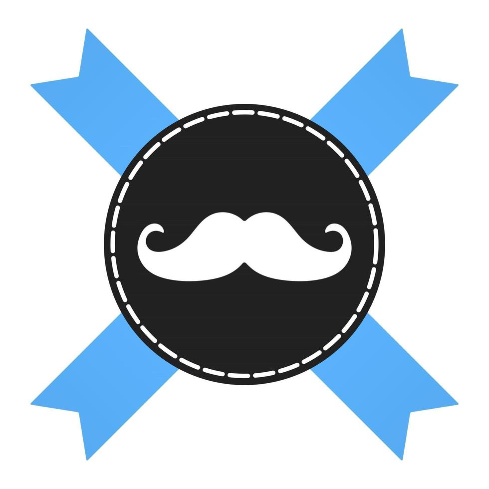 Prostate cancer awareness symbol information. Men support badge label with blue ribbon, mustaches and badge pin flat style design vector illustration isolated on white background.