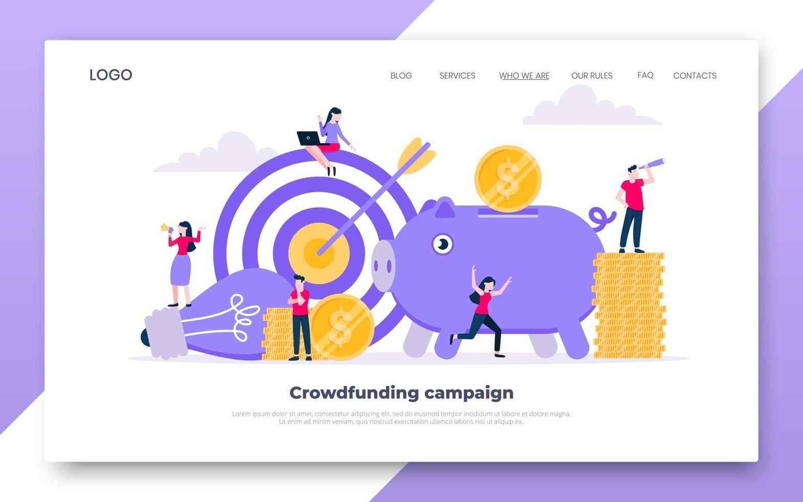 concepto de página web de aterrizaje de crowdfunding de recaudación de fondos. vector