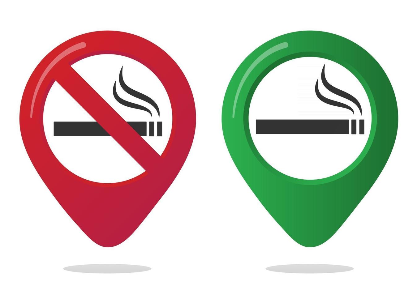 No smoking and smoking area marker map pin icon sign set with flat design gradient styled cigarette in the forbidden red circle. Symbol of the smoking area in the map apps isolated on white background vector