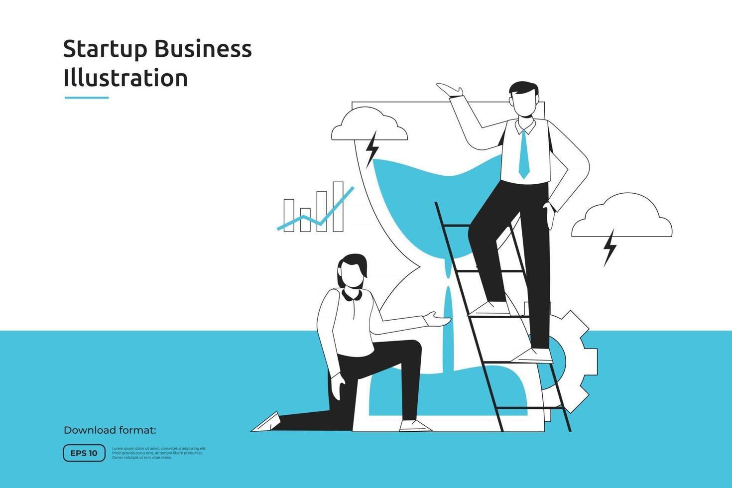 time management and business planing schedule concept with businessman and sand hourglass illustration. startup launch and investment venture. teamwork metaphor design web landing page or mobile vector