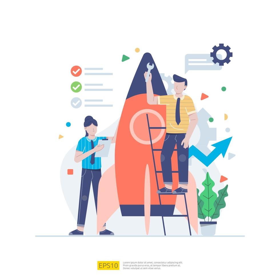 Startup employees teamwork. men and women scenes with spaceship for launching new business. illustration concept of development,  brainstorming, innovation, marketing strategy and grow the idea vector