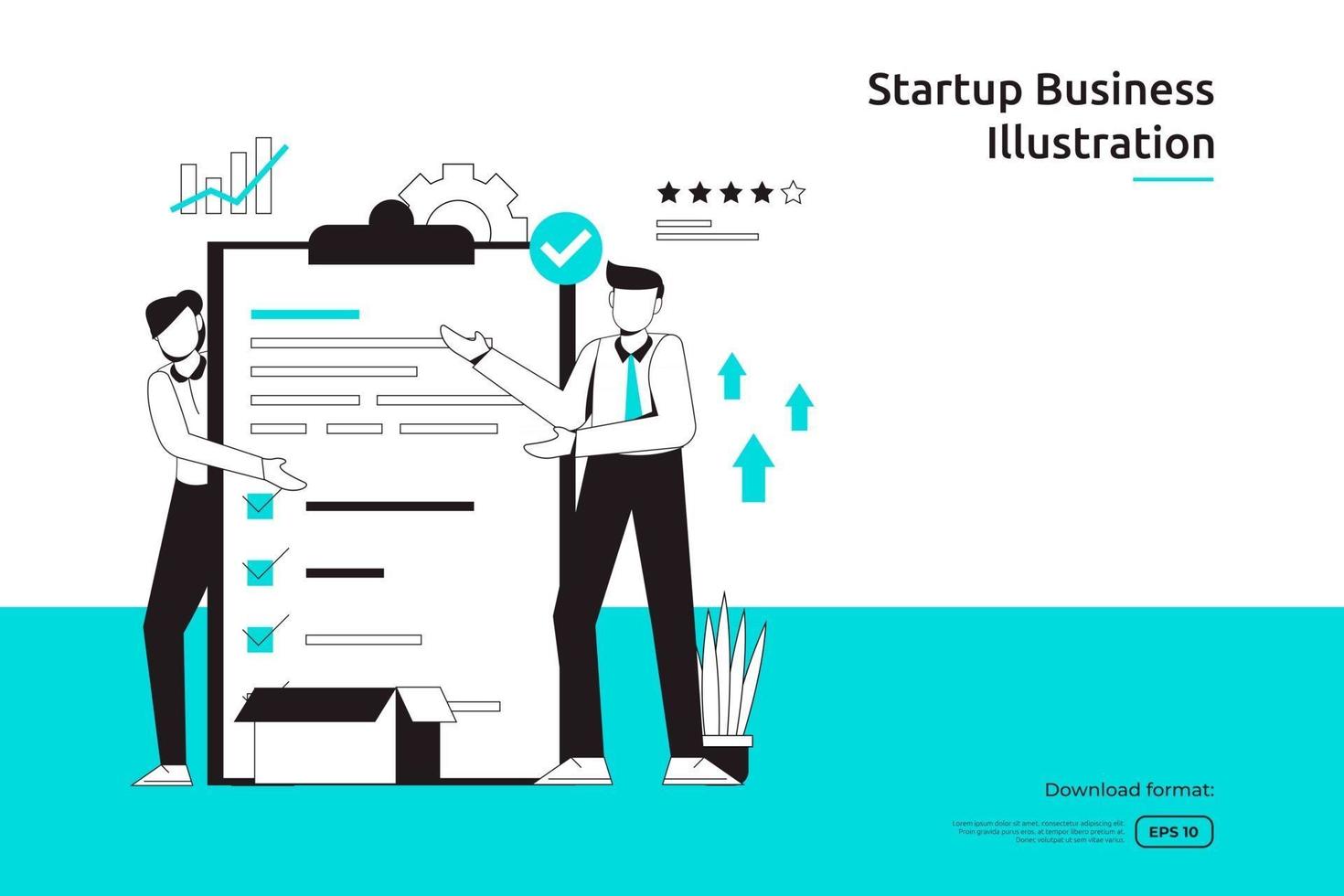 work management task and business planing concept with businessman and checklist illustration. startup launch and investment venture. teamwork metaphor design web landing page or mobile vector