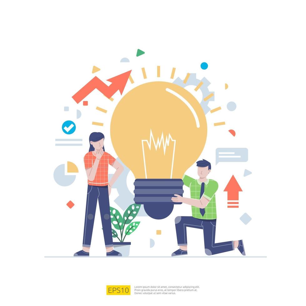Startup employees teamwork. Business concept illustration of brainstorming,  development, innovative, research discussion to each other. men and women scenes at office working with light bulb lamp vector