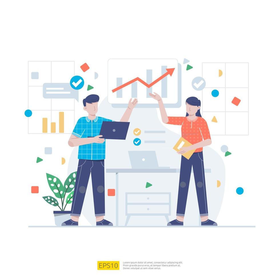Startup employees teamwork. men and women scenes at office working and make some planning. Business concept illustration of brainstorming,  meeting, negotiation, talking to each other vector