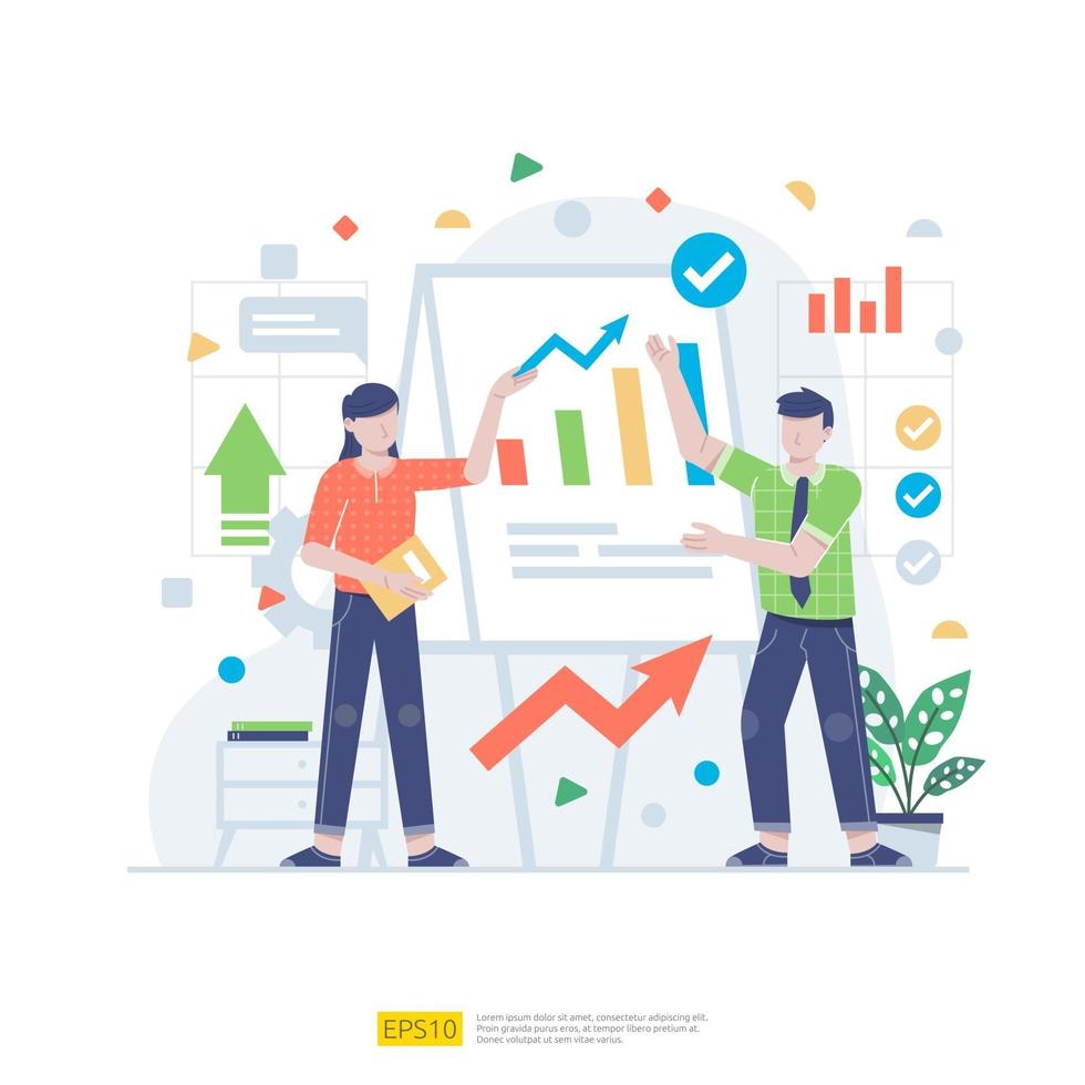 Startup employees teamwork. men and women scenes at office working and make some planning. Business concept illustration of brainstorming,  meeting, negotiation, talking to each other vector