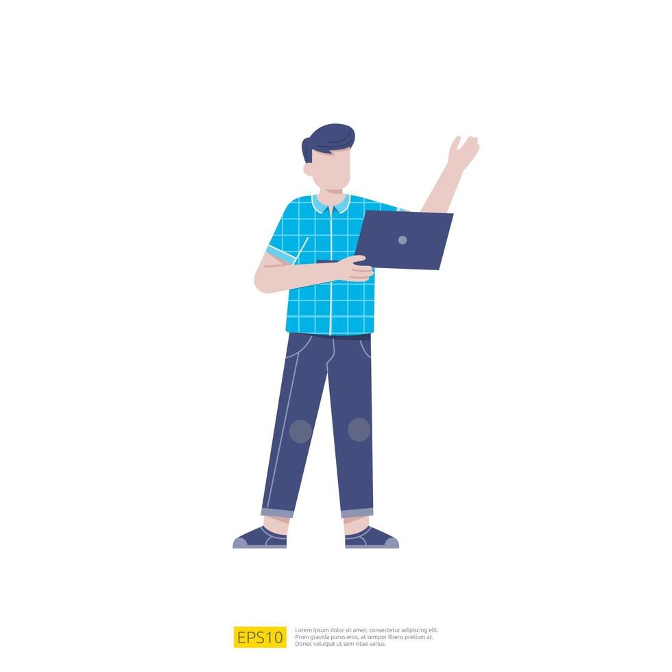 young man holding laptop computer. Businessman standing at full height holding opened laptop in his hands. Vector cartoon illustration isolated on white background.