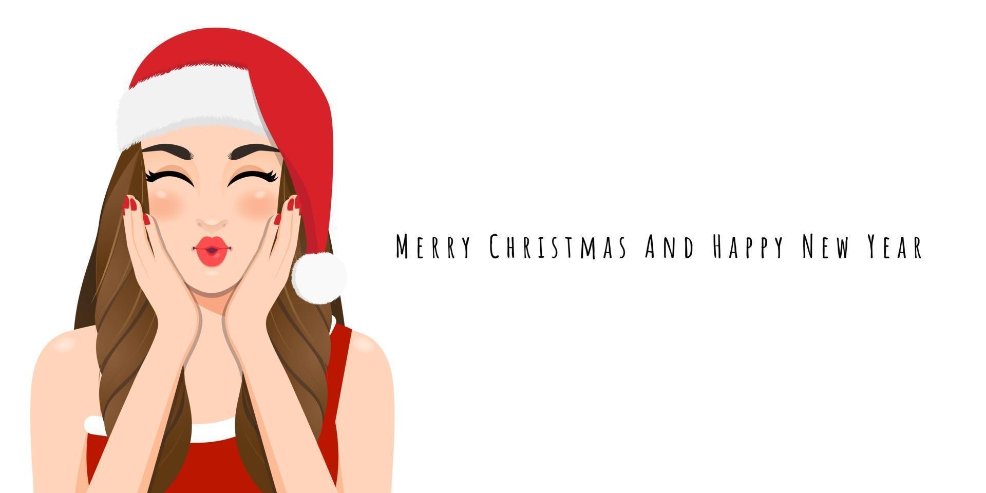 niña de navidad sopla un beso en vestido rojo y gorro de santa de navidad con feliz año nuevo y feliz festival de navidad personaje de dibujos animados en la ilustración de vector de fondo blanco