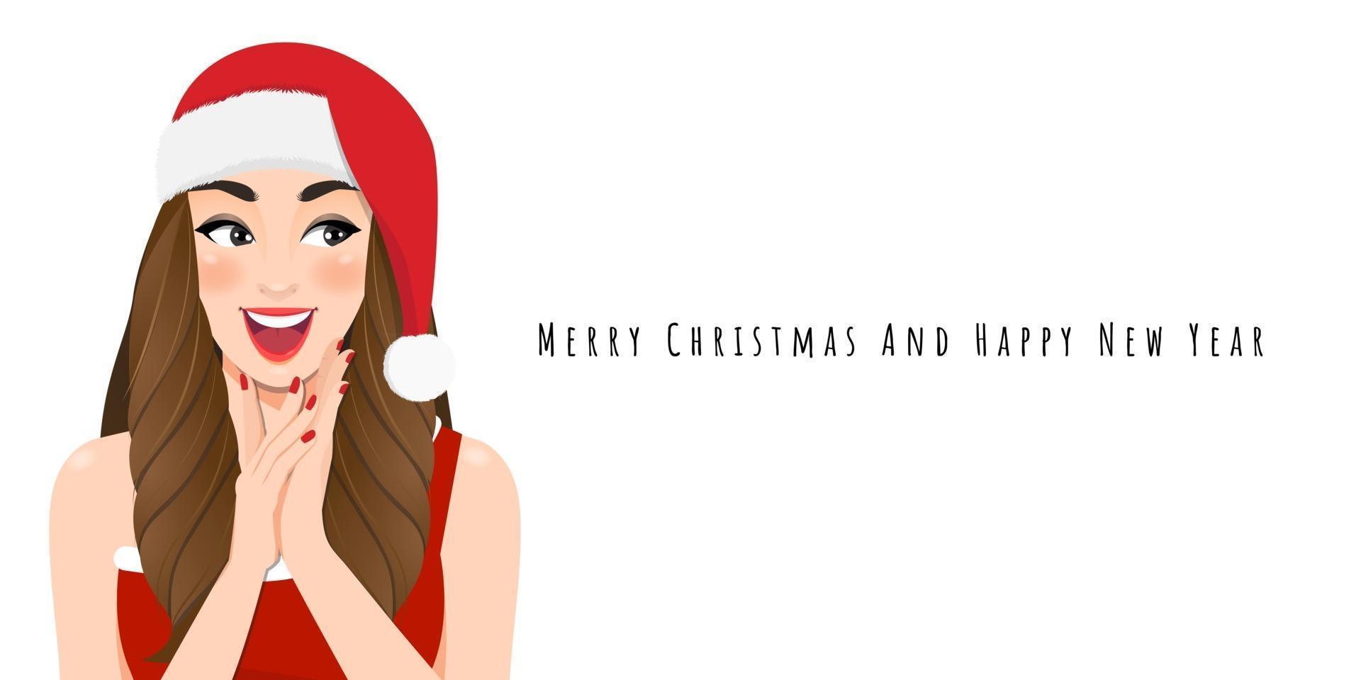 Excited Christmas girl in red dress and christmas santa hat with Happy new year and Merry Christmas festival cartoon character on the white background vector illustration