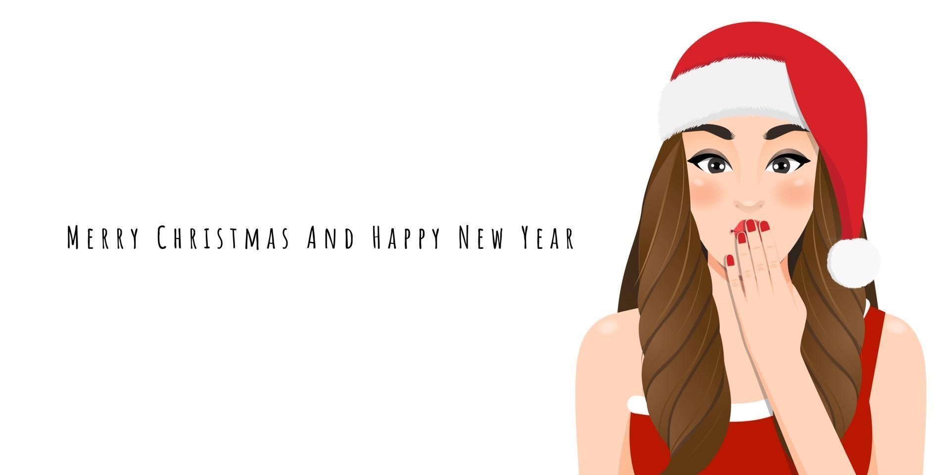 Excited Christmas girl in red dress and christmas santa hat with Happy new year and Merry Christmas festival cartoon character on the white background vector illustration