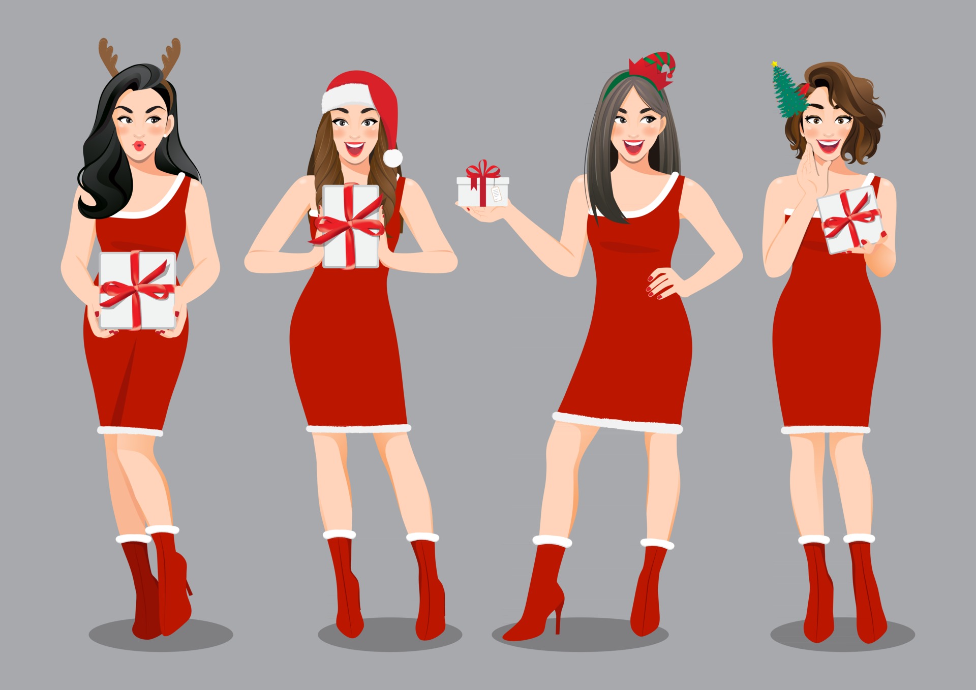Christmas girl group in red dress holding present boxes cartoon character.  Merry Christmas and Happy new year sale concept vector 2890482 Vector Art  at Vecteezy