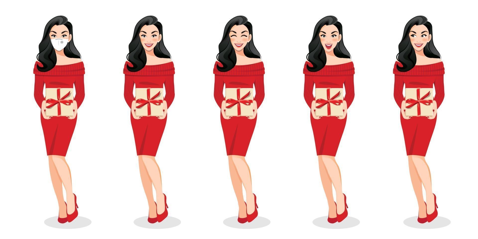 feliz año nuevo y feliz navidad con mujer sorprendida emocionada en vestido de suéter rojo sosteniendo la caja presente en el fondo blanco vector de diseño de personaje de dibujos animados