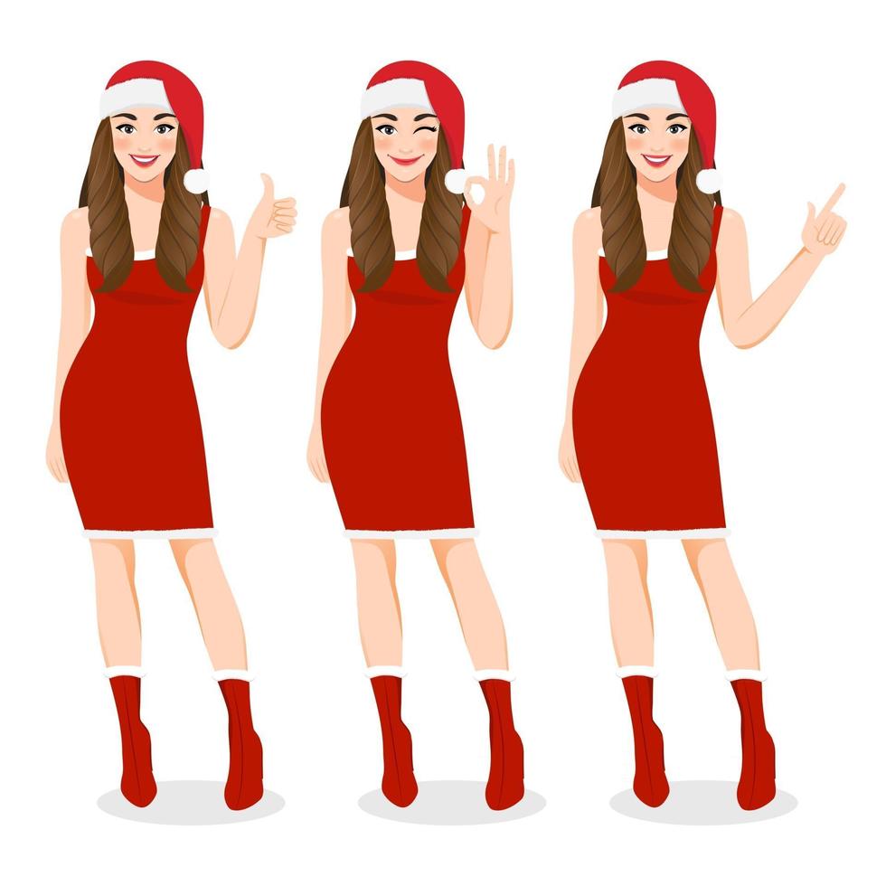 Christmas girl in red dress and christmas santa hat with Happy new year and Merry Christmas festival cartoon character on the white background vector illustration
