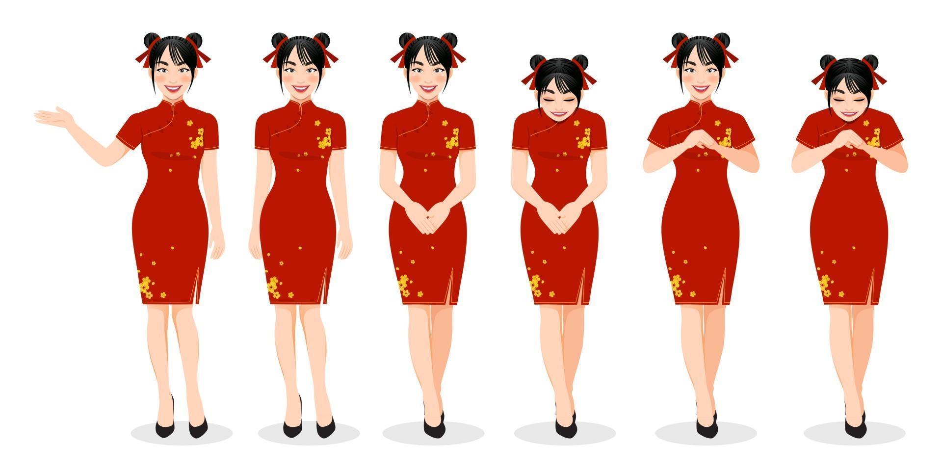 Chinese girl in mandarin gown with Chinese new year festival cartoon character on the white background vector illustration