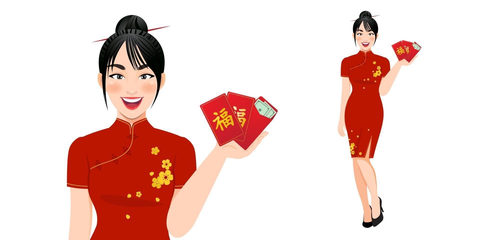 mujer china en ropa tradicional sosteniendo los sobres rojos. feliz año nuevo chino concepto vector