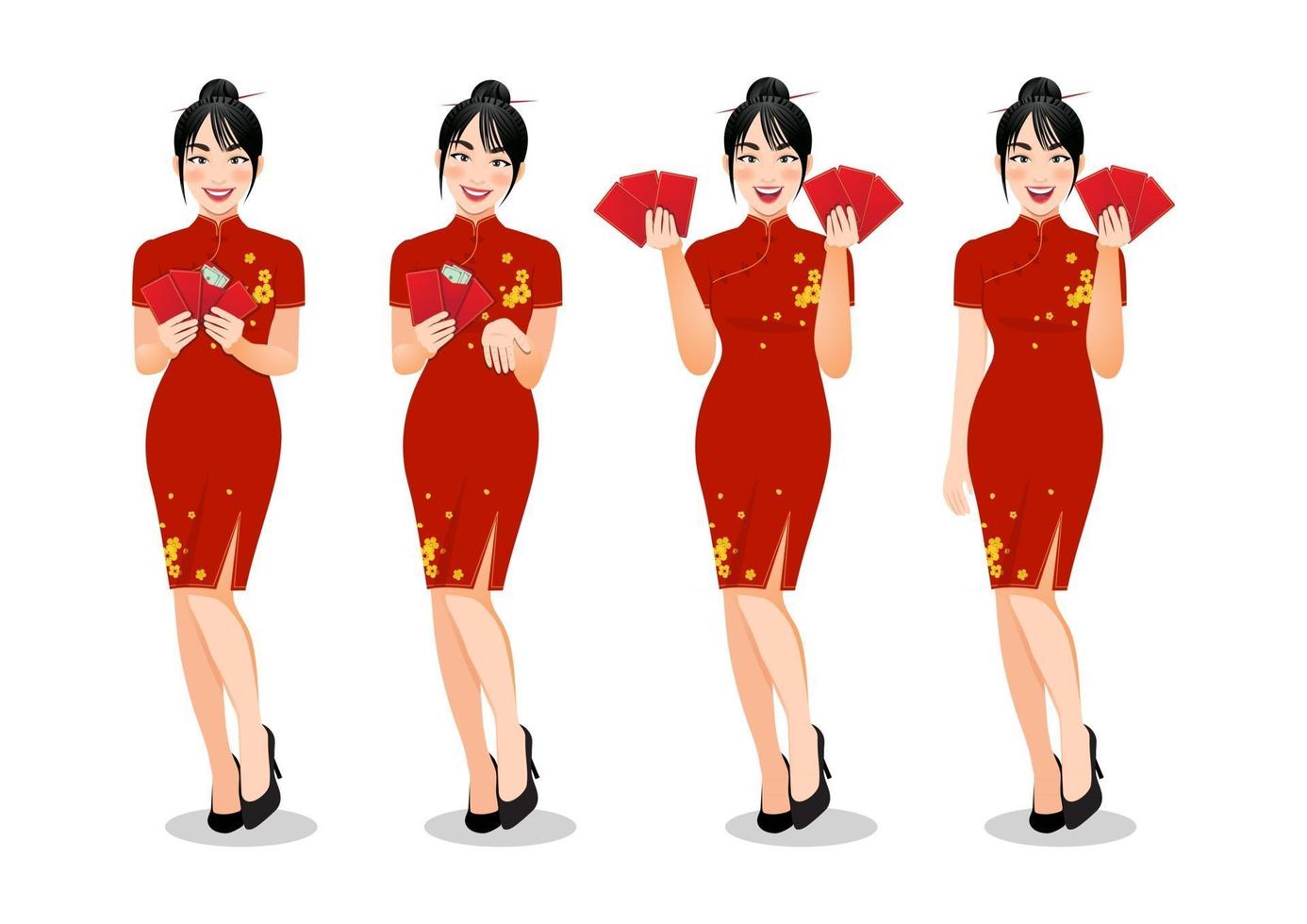 Chinese woman holding red envelopes in traditional style clothes set different gestures isolated vector illustration