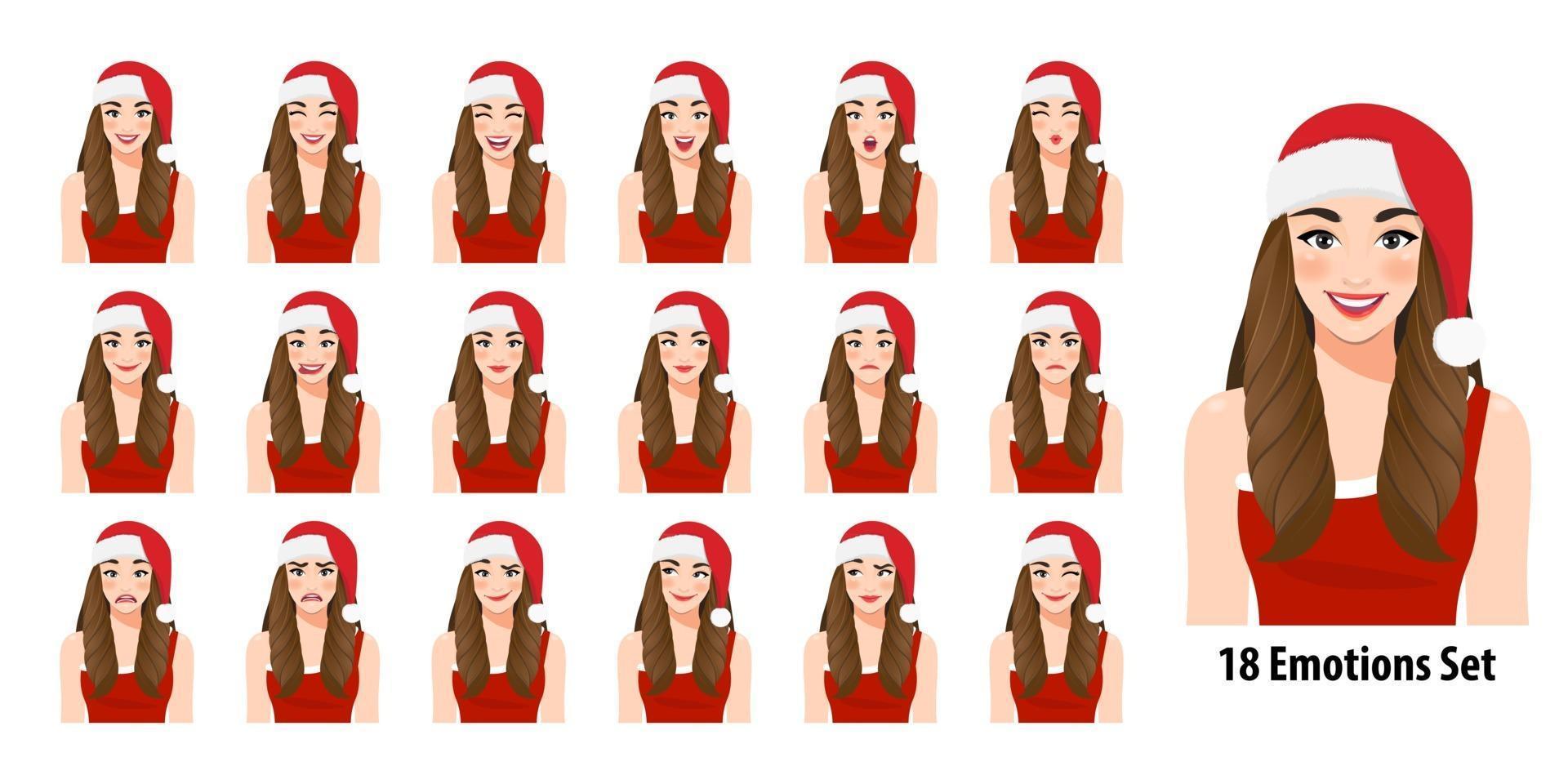 Christmas girl in red dress and christmas santa hat with different facial expressions set isolated in cartoon character style vector illustration