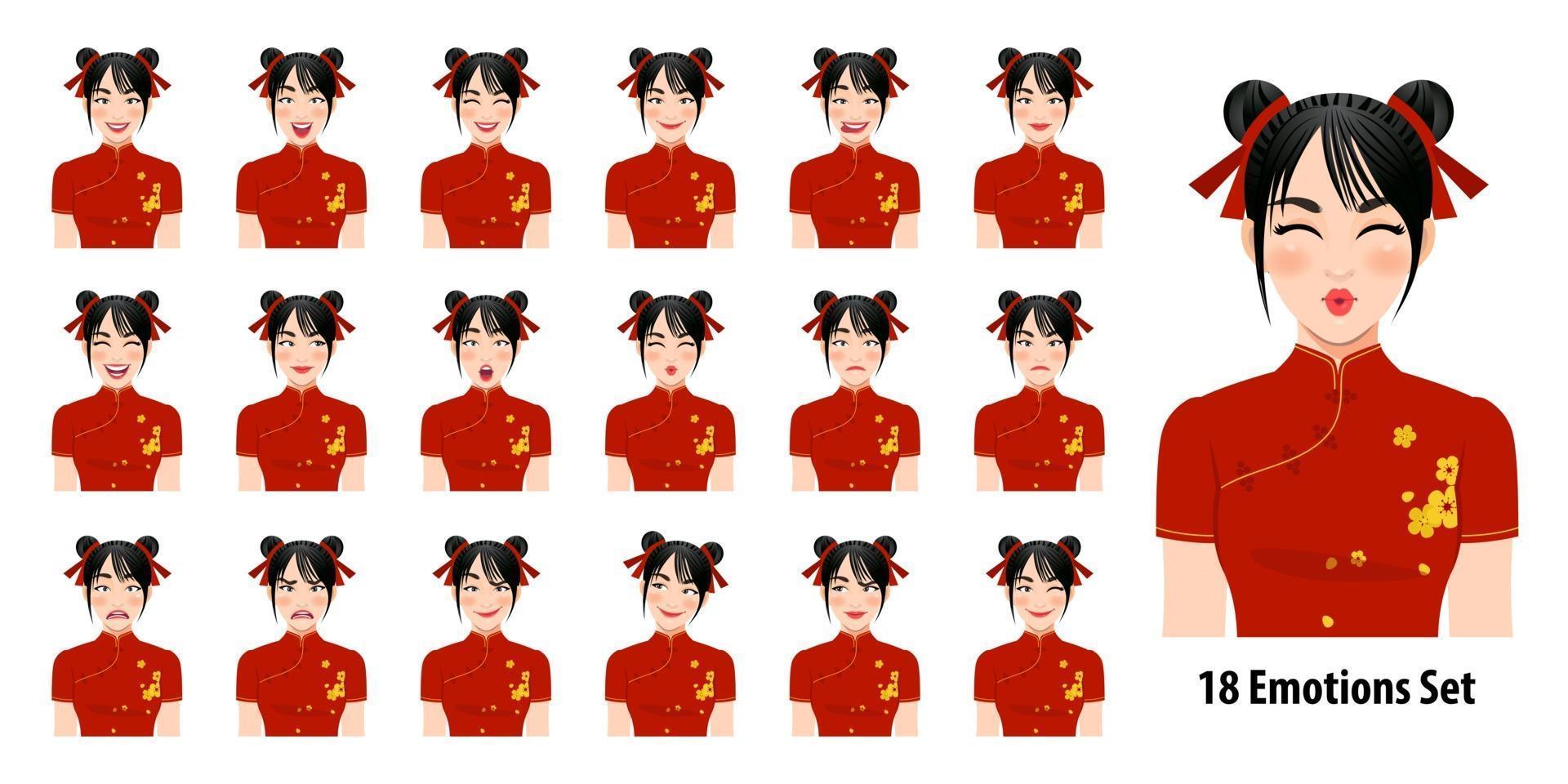 Chinese girl in mandarin gown with different facial expressions set isolated in cartoon character style vector illustration