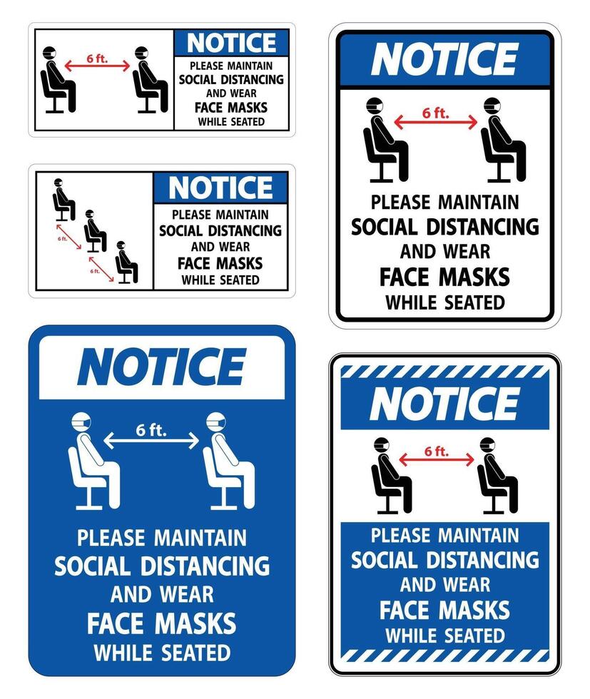 Notice Maintain Social Distancing Wear Face Masks Sign on white background vector