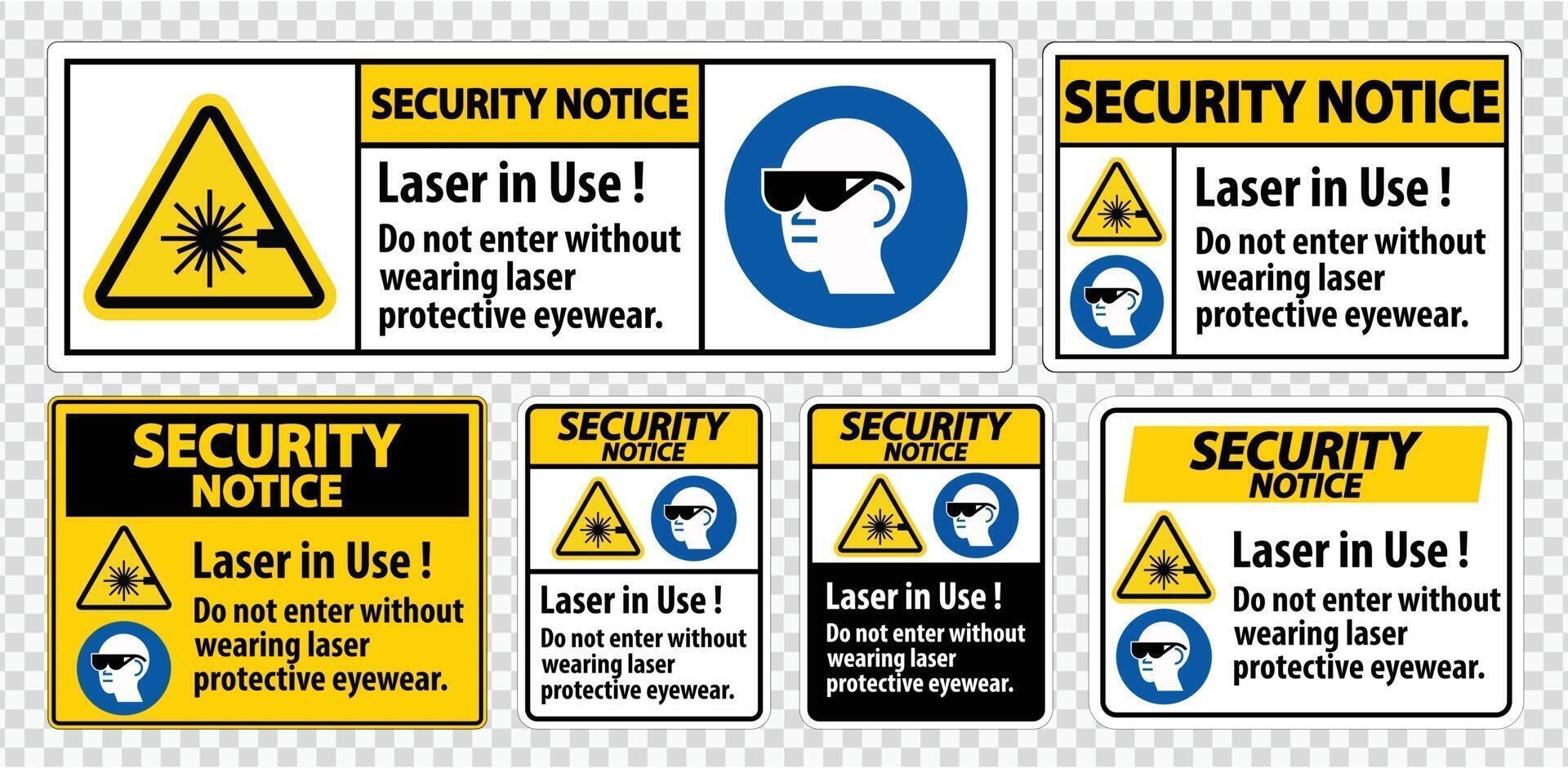 aviso de seguridad etiqueta de seguridad ppe, láser en uso no ingrese sin usar gafas de protección láser vector