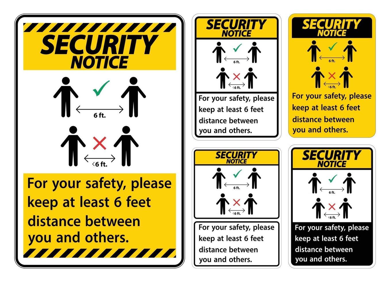 aviso de seguridad mantenga una distancia de 6 pies; por su seguridad, mantenga una distancia de al menos 6 pies entre usted y los demás. vector