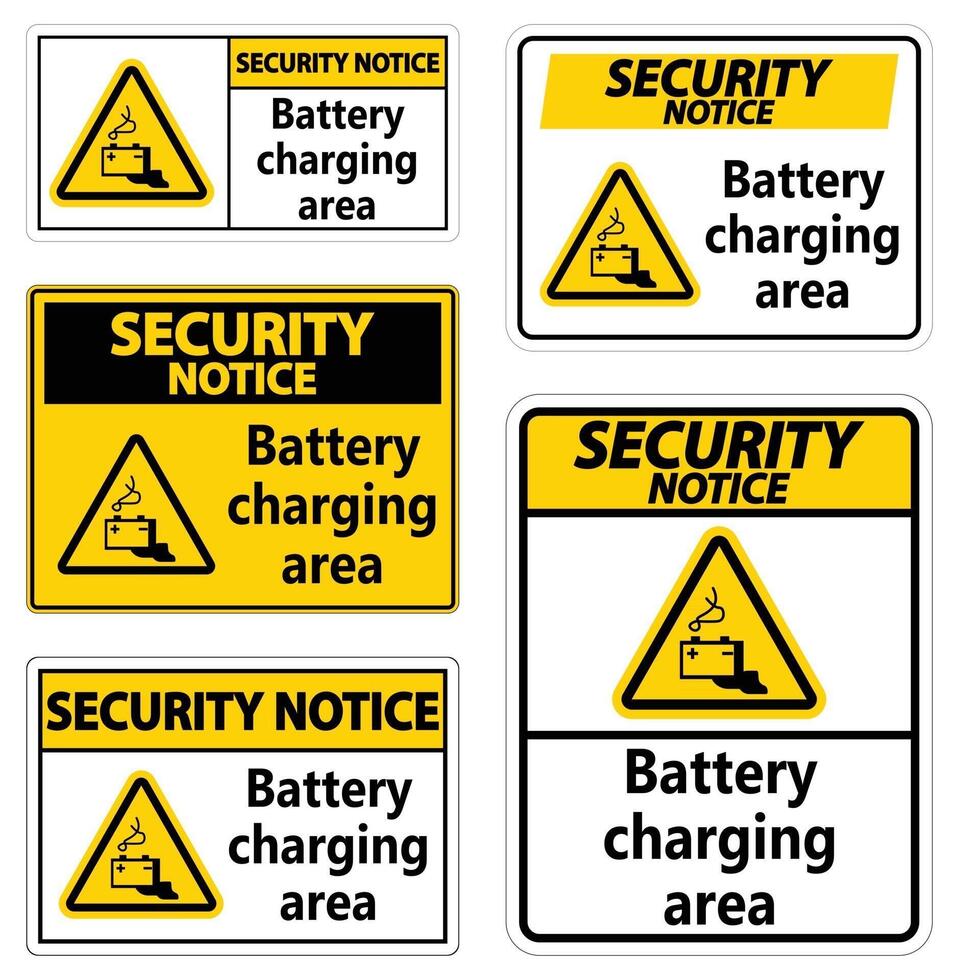 Aviso de seguridad área de carga de la batería firmar sobre fondo blanco. vector