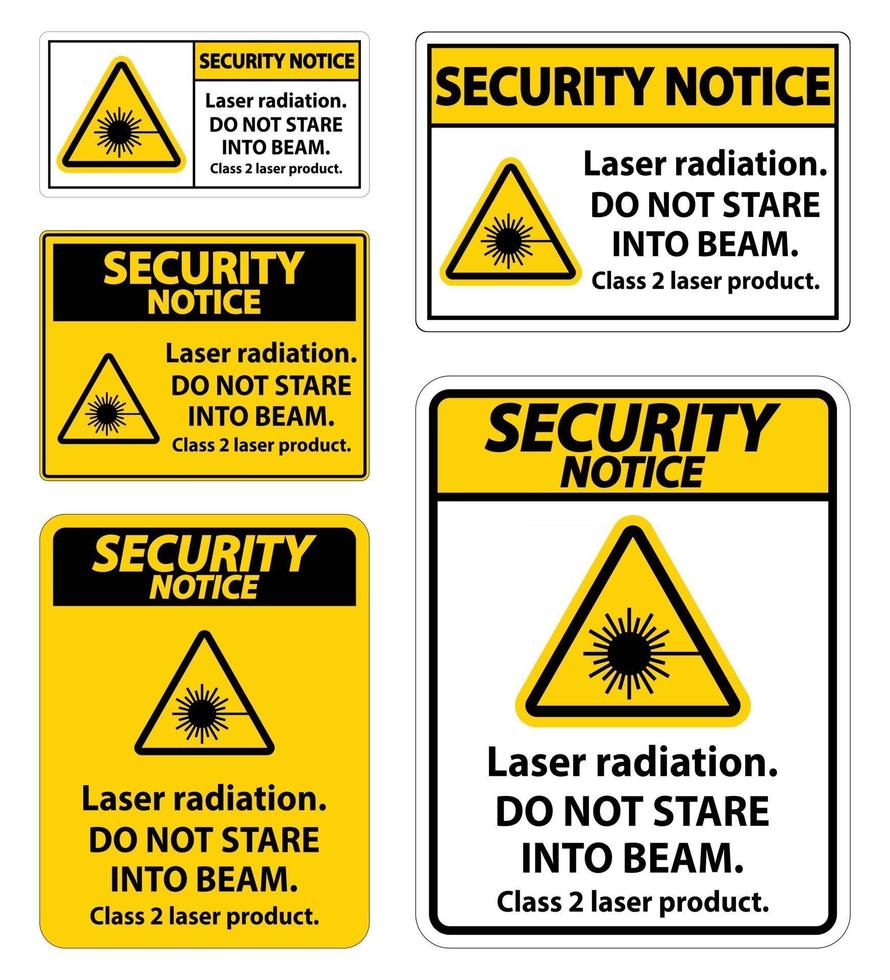 Aviso de seguridad radiación láser, no mire fijamente al rayo, signo de producto láser de clase 2 sobre fondo blanco. vector