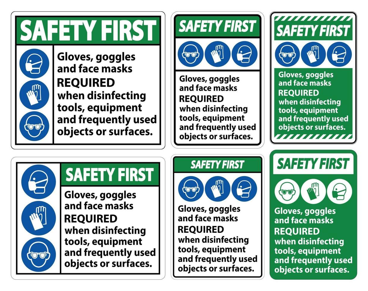 seguridad primero guantes, gafas y mascarillas requeridas firmar sobre fondo blanco, ilustración vectorial eps.10 vector
