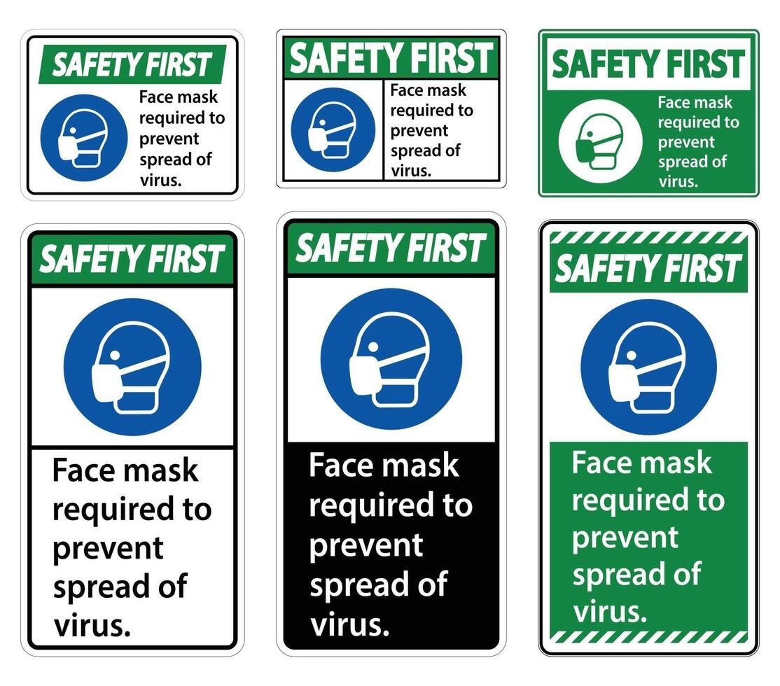 Safety First Face mask required to prevent spread of virus sign on white background vector