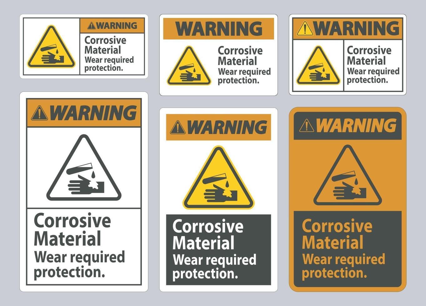 señal de advertencia materiales corrosivos, use protección requerida vector