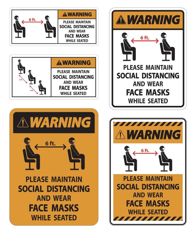 Warning Maintain Social Distancing Wear Face Masks Sign on white background vector