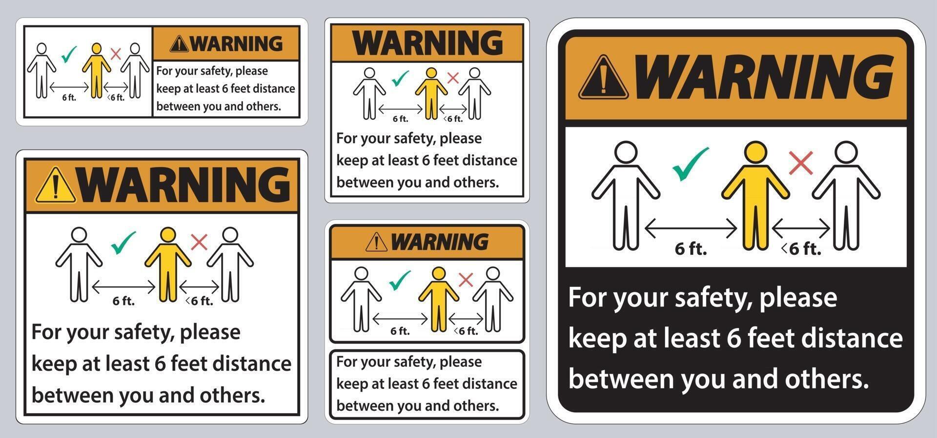 Advertencia: mantenga una distancia de 6 pies; por su seguridad, mantenga una distancia de al menos 6 pies entre usted y los demás. vector