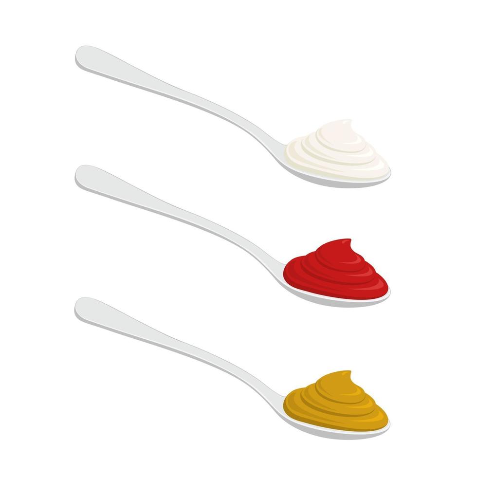 Spoons with mayonnaise, ketchup, mustard. Different sauces vector