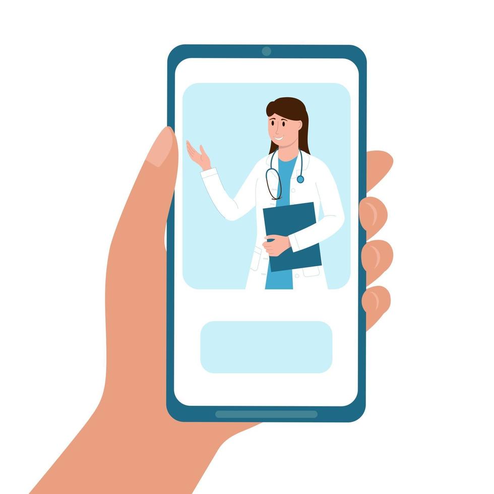Hand holding mobile phone with online doctor service. Therapist give consultation to patient from smartphone screen. Telemedicine, telehealth concept vector