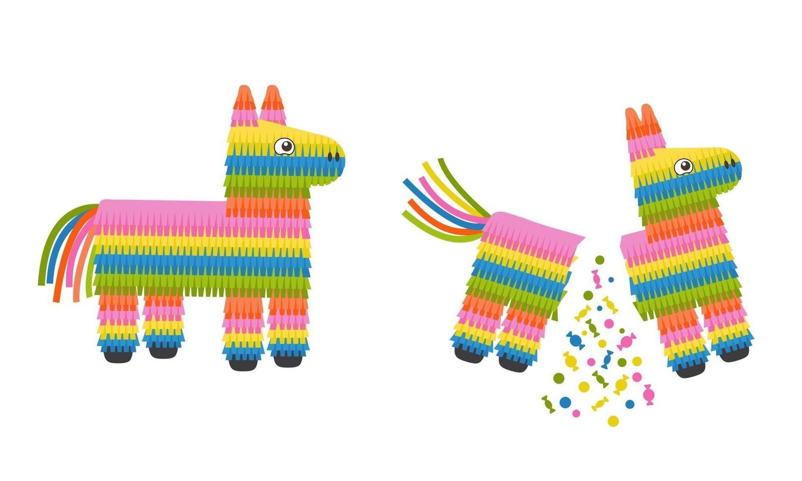 burro piñata entero y roto, lleno y vacío aislado sobre fondo blanco. Juguete tradicional mexicano con dulces para fiesta de cumpleaños. vector