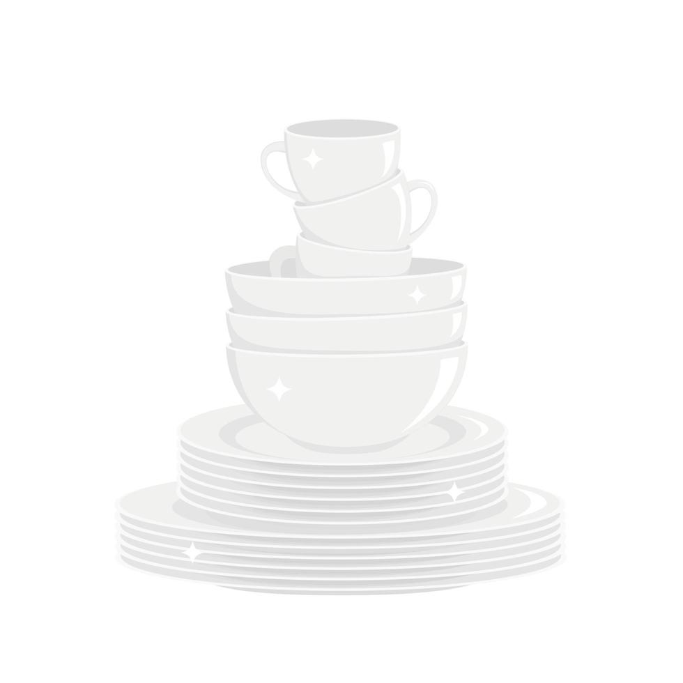 Stack of clean shining white dishes isolated on white background. Washed dishware, kitchen tableware vector