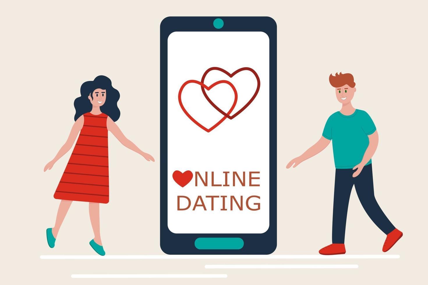 citas en línea, relaciones a larga distancia, concepto de amor virtual. reunión de pareja cerca del teléfono inteligente usando la aplicación móvil para citas vector