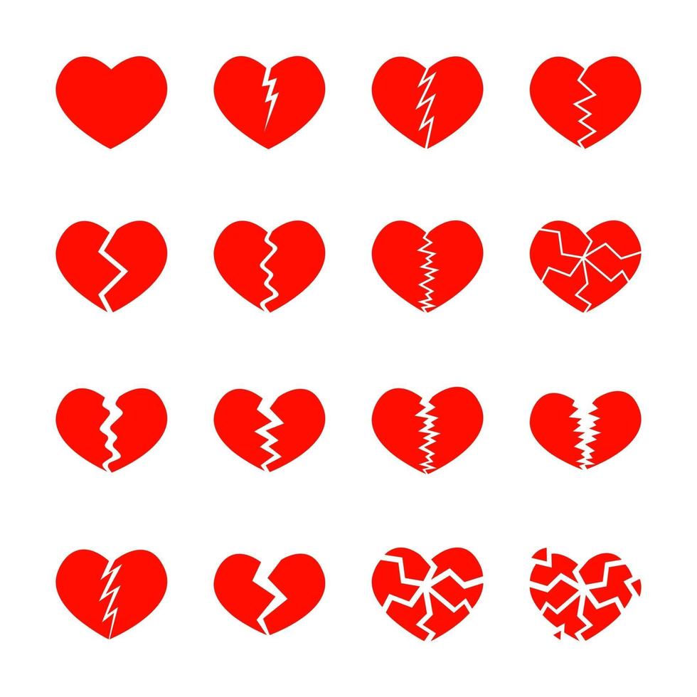 conjunto de iconos de corazones rotos rojos aislados sobre fondo blanco. Diferentes símbolos de angustia, divorcio, despedida. vector