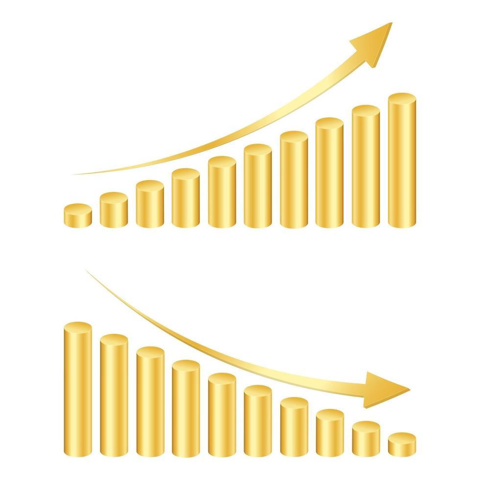 Gráfico de barras de cilindros dorados con flechas ascendentes y descendentes. símbolos de tasa de crecimiento y reducción. Elementos del gráfico de columnas para infografía estadística financiera. vector