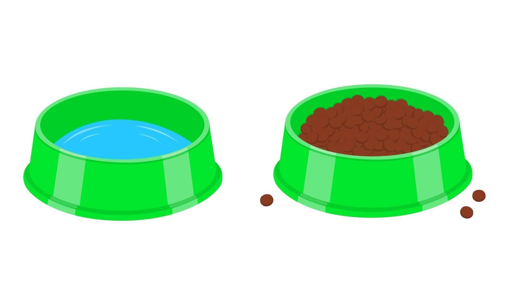 Dog or cat bowls filled with water and kibble. Pet plastic plates with drink and food vector