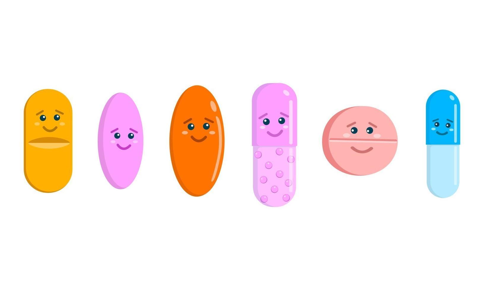 Cute pills characters isolated on white background. Set of tablets and capsules icons with funny faces. Medicine and healthcare for kids vector