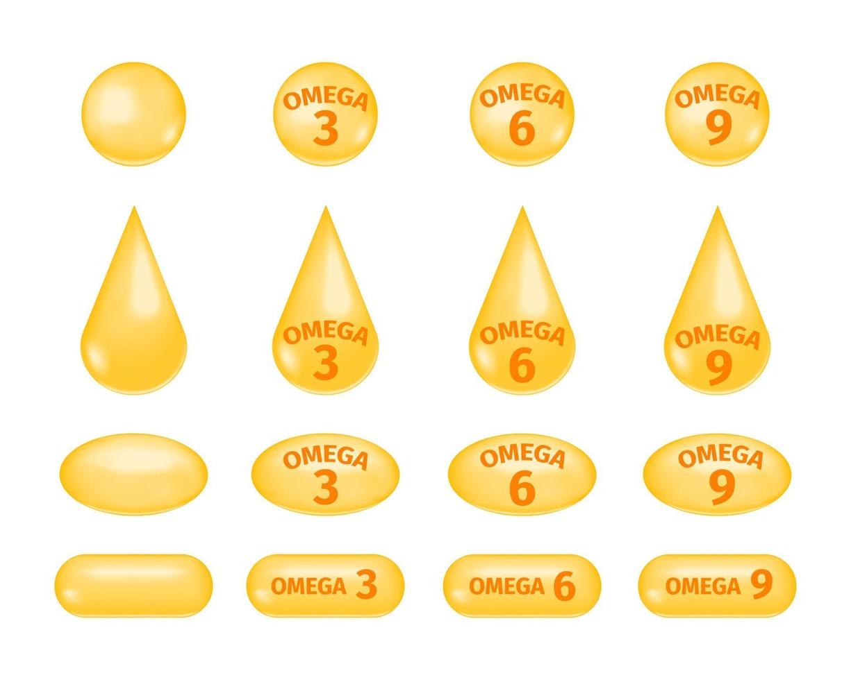 Omega fatty acids 3, 6 and 9. Golden drops and pills of fish oil set. Polyunsaturated fats icons isolated on white background vector