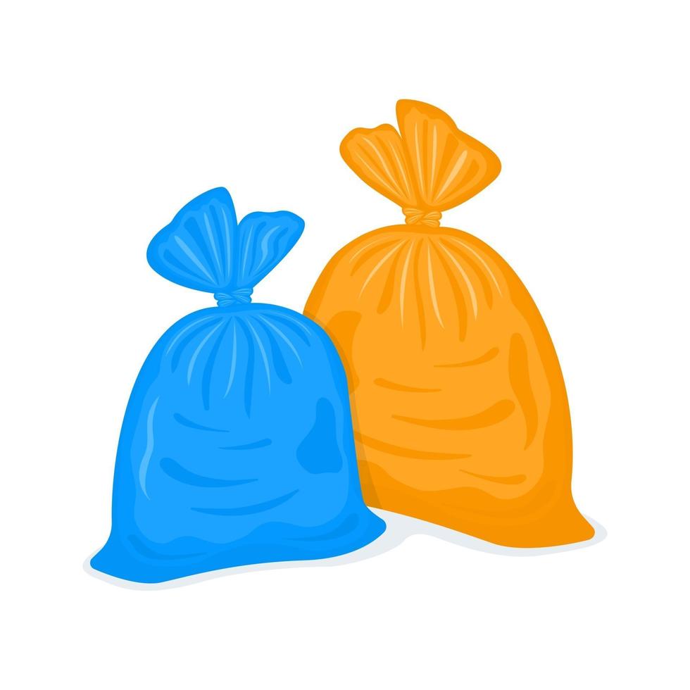 Tied plastic garbage bags. Filled rubbish packages isolated on white background. Blue and orange packs with trash vector