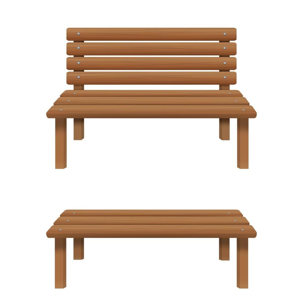 Bancos de madera con y sin respaldo aislado sobre fondo blanco. muebles para sentarse al aire libre para patio, porche, jardín, parque. vista frontal vector