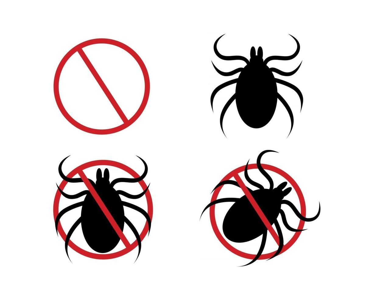 detener el conjunto de iconos de ácaros. Señal de prohibido rojo, silueta de garrapata y dos variaciones de pictograma para repelente de insectos en aerosol vector
