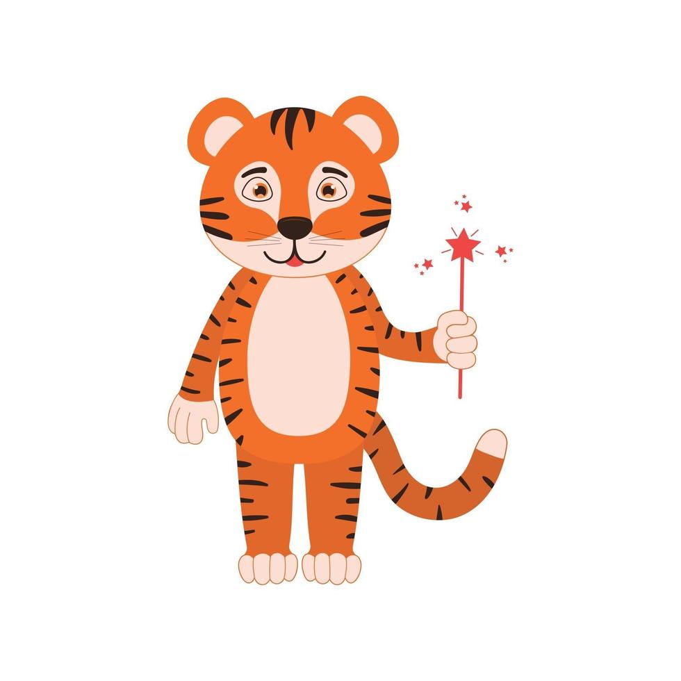 lindo cachorro de tigre con varita mágica. personaje animal divertido para niños vector