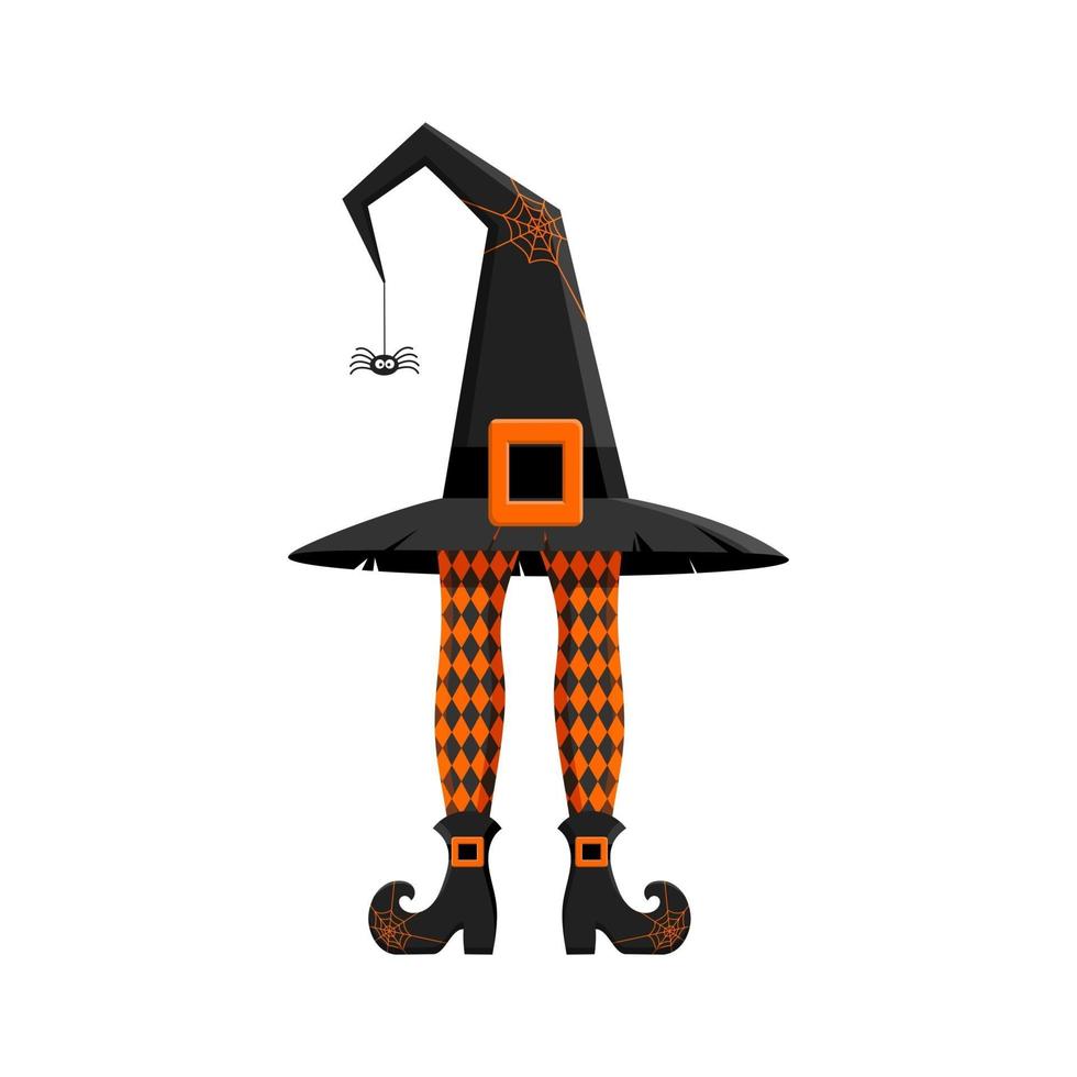 Witch hat with legs in stockings with rhombus pattern and shoes with buckles. Design element for Halloween party, greeting or invitation card vector