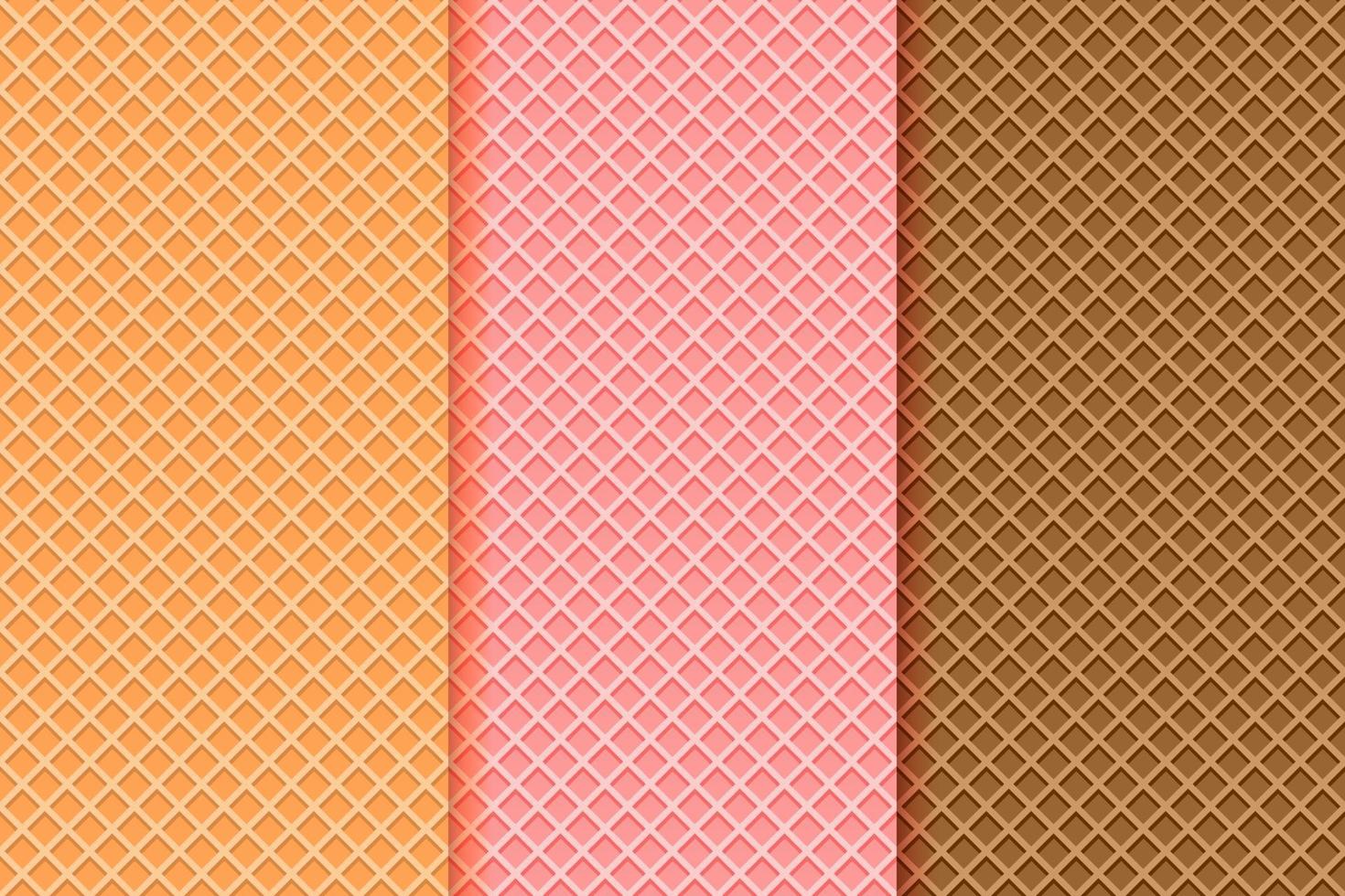 Ice cream waffle cone textures set. Seamless patterns with different wafer backgrounds, vanilla, strawberry, chocolate vector